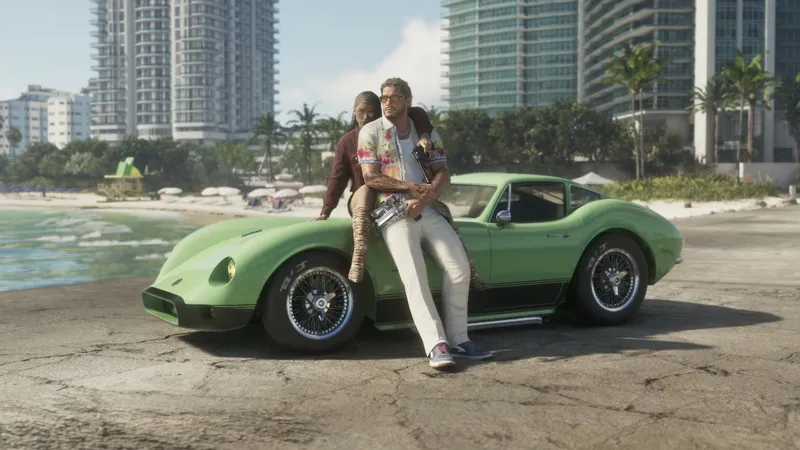 A sports car parked on the Vice City beachfront