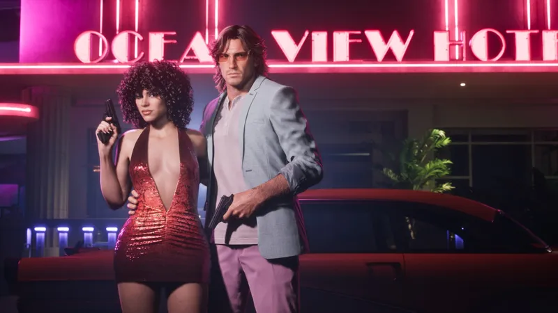 A couple standing under a neon hotel sign at night in Vice City