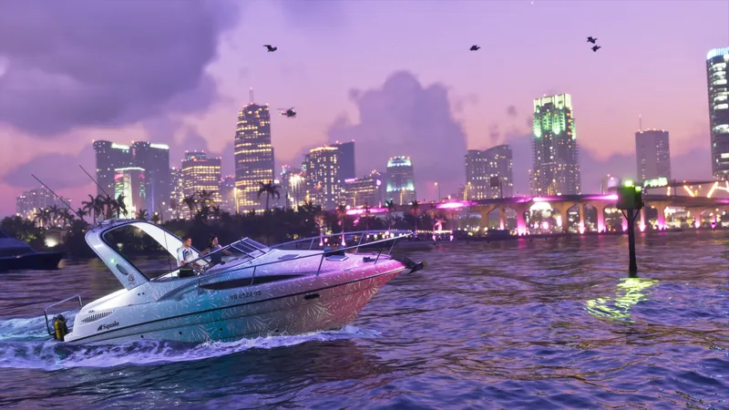 A speedboat crossing the bay at dusk with the Vice City skyline behind