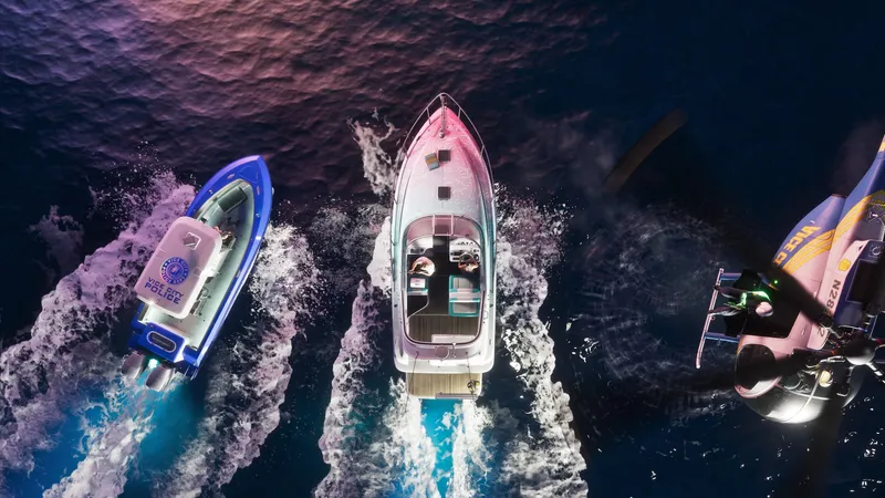 Speedboats racing across the water off Vice City